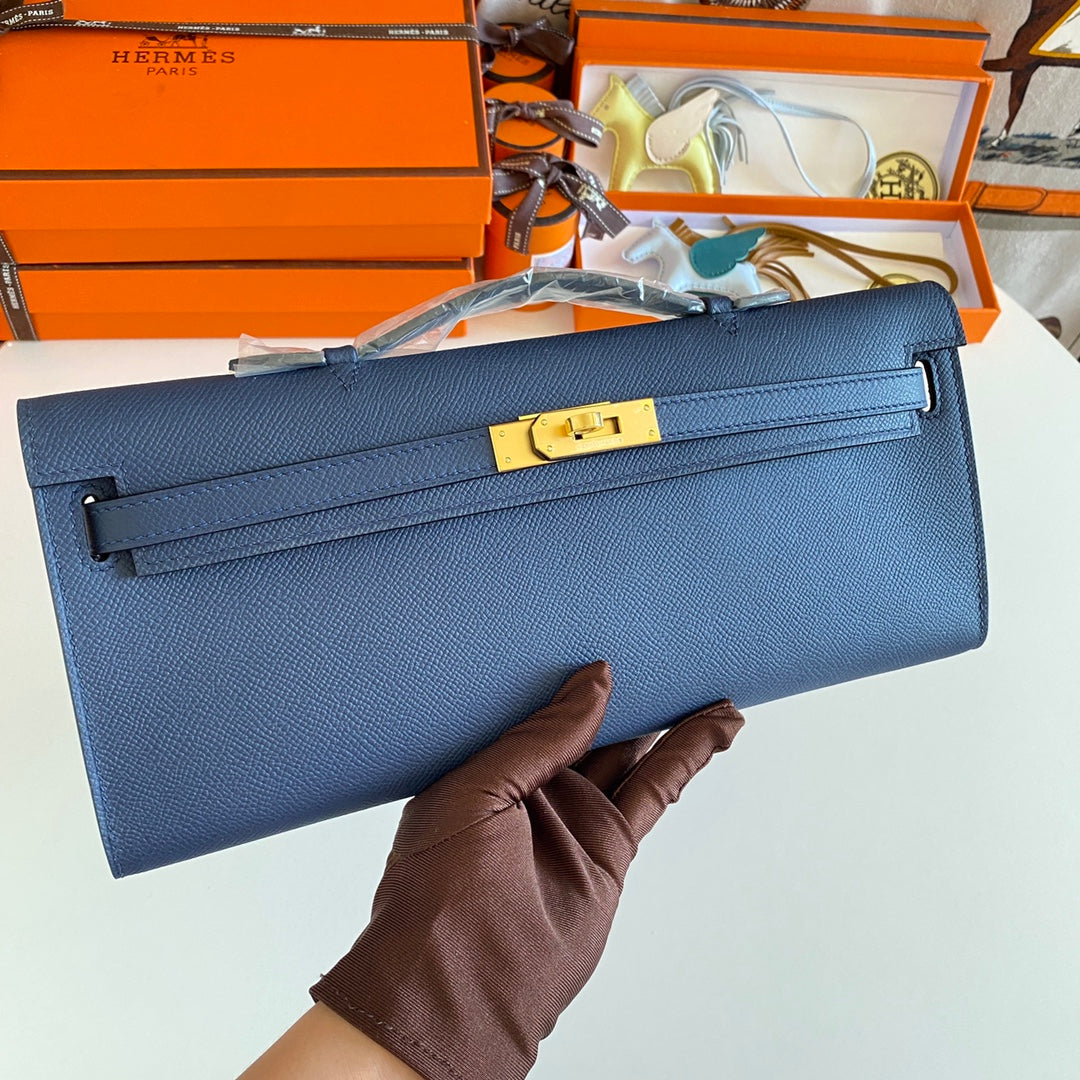 Hermes Kelly Cut 31 in Classic Blue Calfskin with Gold Hardware Bag