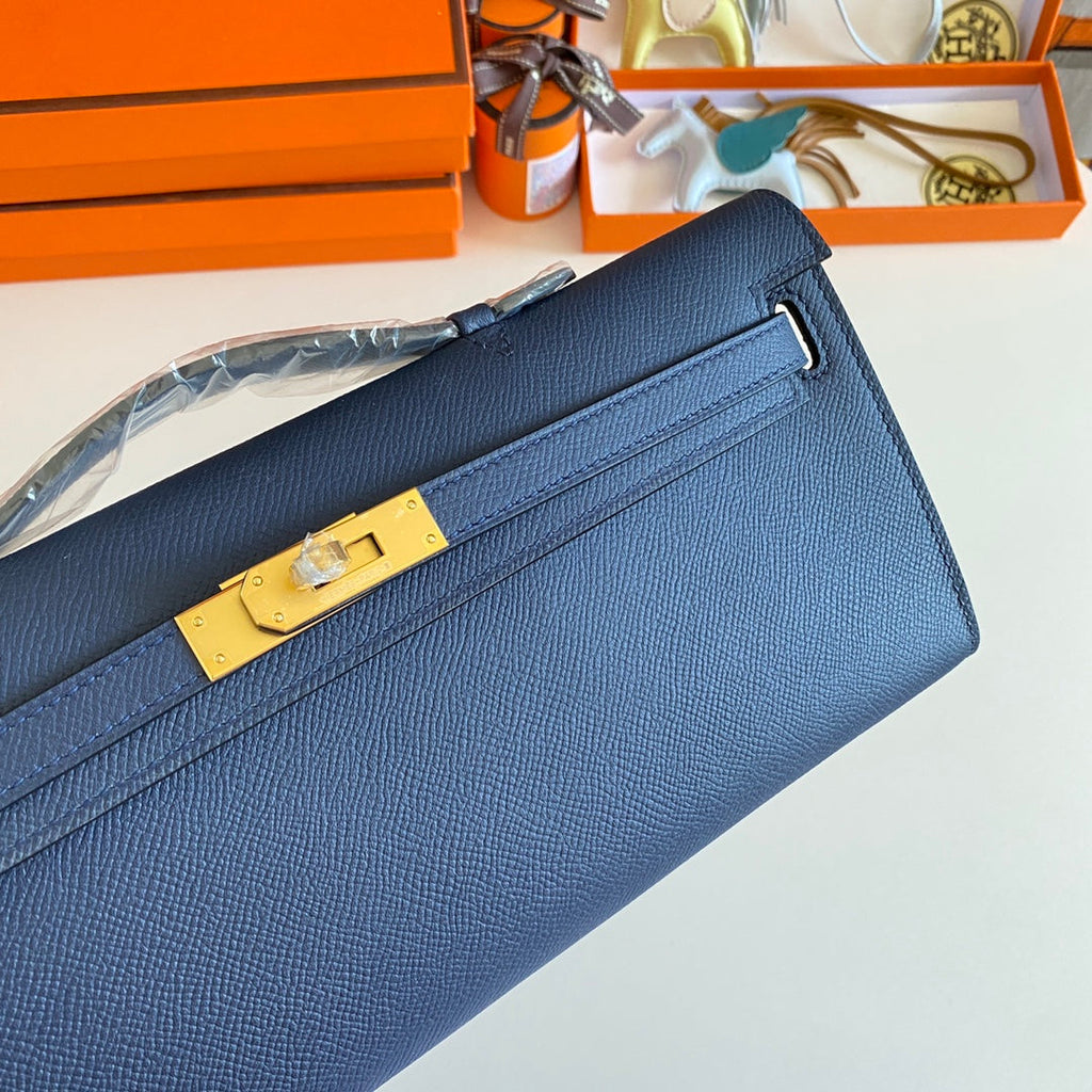 Hermes Kelly Cut 31 in Classic Blue Calfskin with Gold Hardware Bag