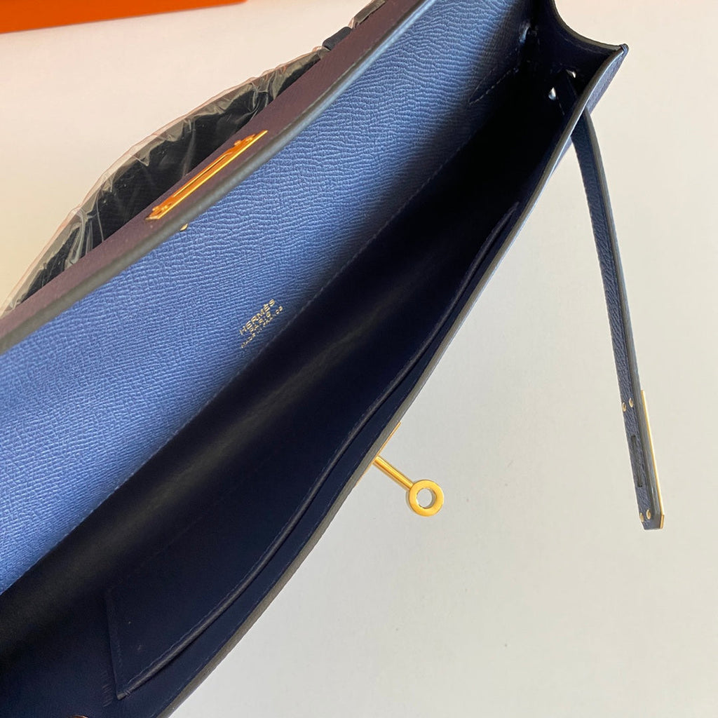 Hermes Kelly Cut 31 in Classic Blue Calfskin with Gold Hardware Bag