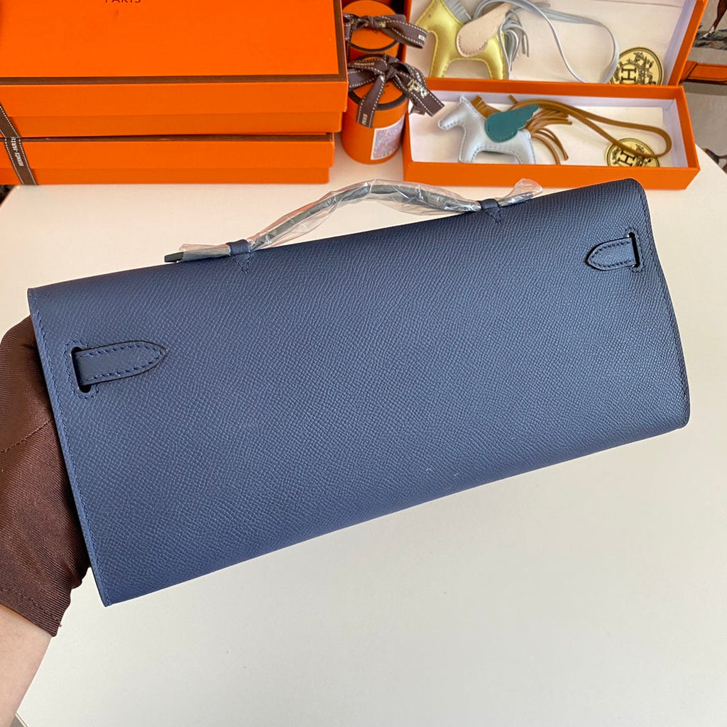 Hermes Kelly Cut 31 in Classic Blue Calfskin with Gold Hardware Bag