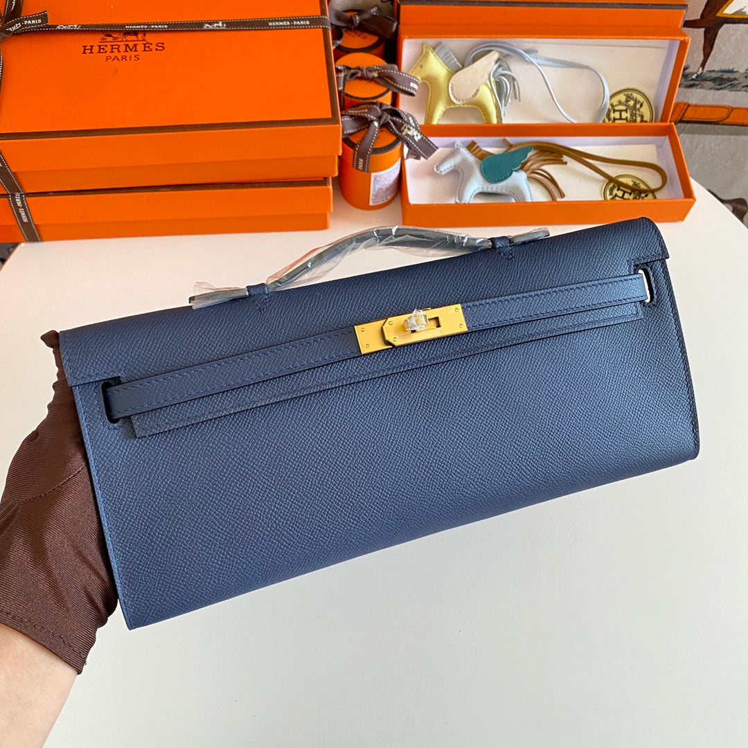 Hermes Kelly Cut 31 in Classic Blue Calfskin with Gold Hardware Bag