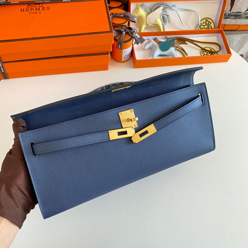 Hermes Kelly Cut 31 in Classic Blue Calfskin with Gold Hardware Bag