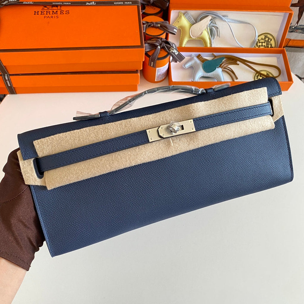 Hermes Kelly Cut 31 in Classic Blue Calfskin with Silver Hardware Bag