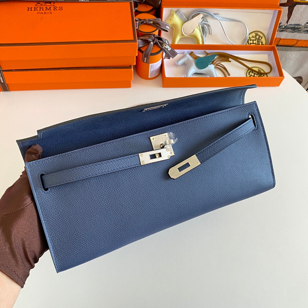 Hermes Kelly Cut 31 in Classic Blue Calfskin with Silver Hardware Bag