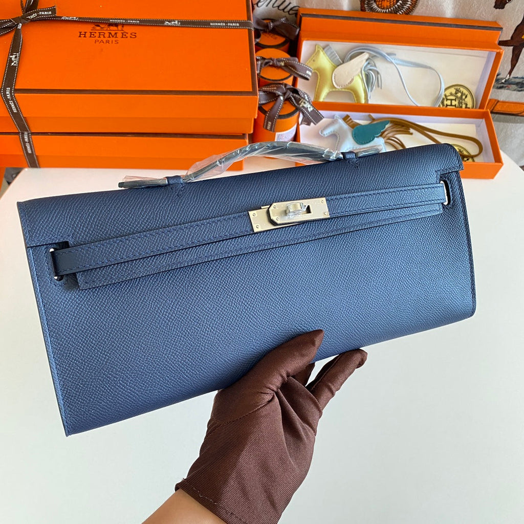 Hermes Kelly Cut 31 in Classic Blue Calfskin with Silver Hardware Bag