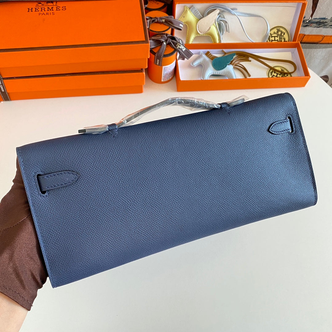 Hermes Kelly Cut 31 in Classic Blue Calfskin with Silver Hardware Bag