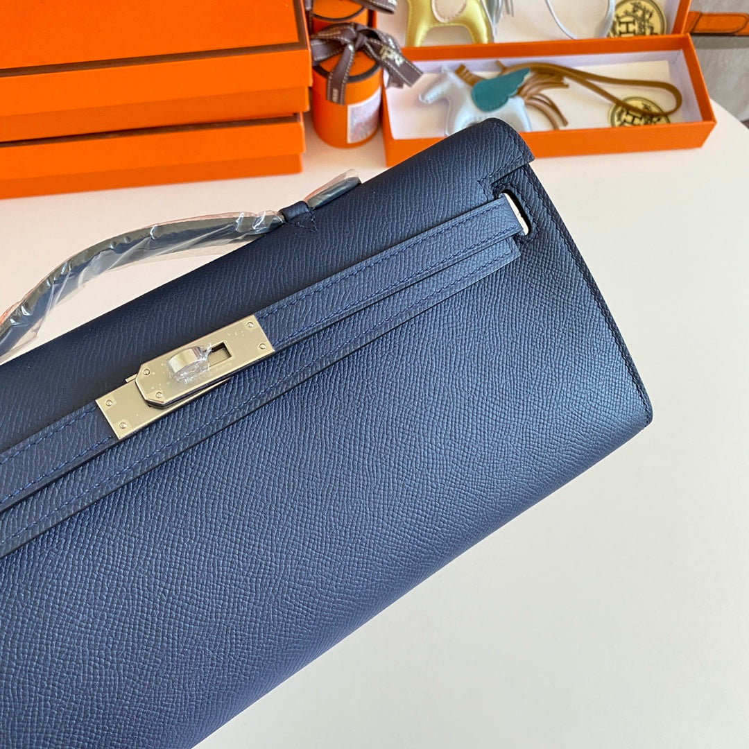 Hermes Kelly Cut 31 in Classic Blue Calfskin with Silver Hardware Bag