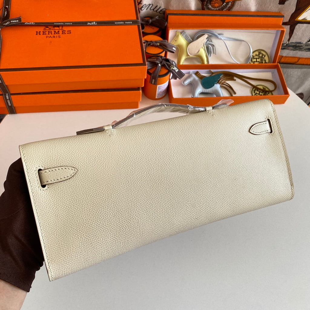Hermes Kelly Cut 31 in Beige Cream Calfskin with Silver Hardware Bag