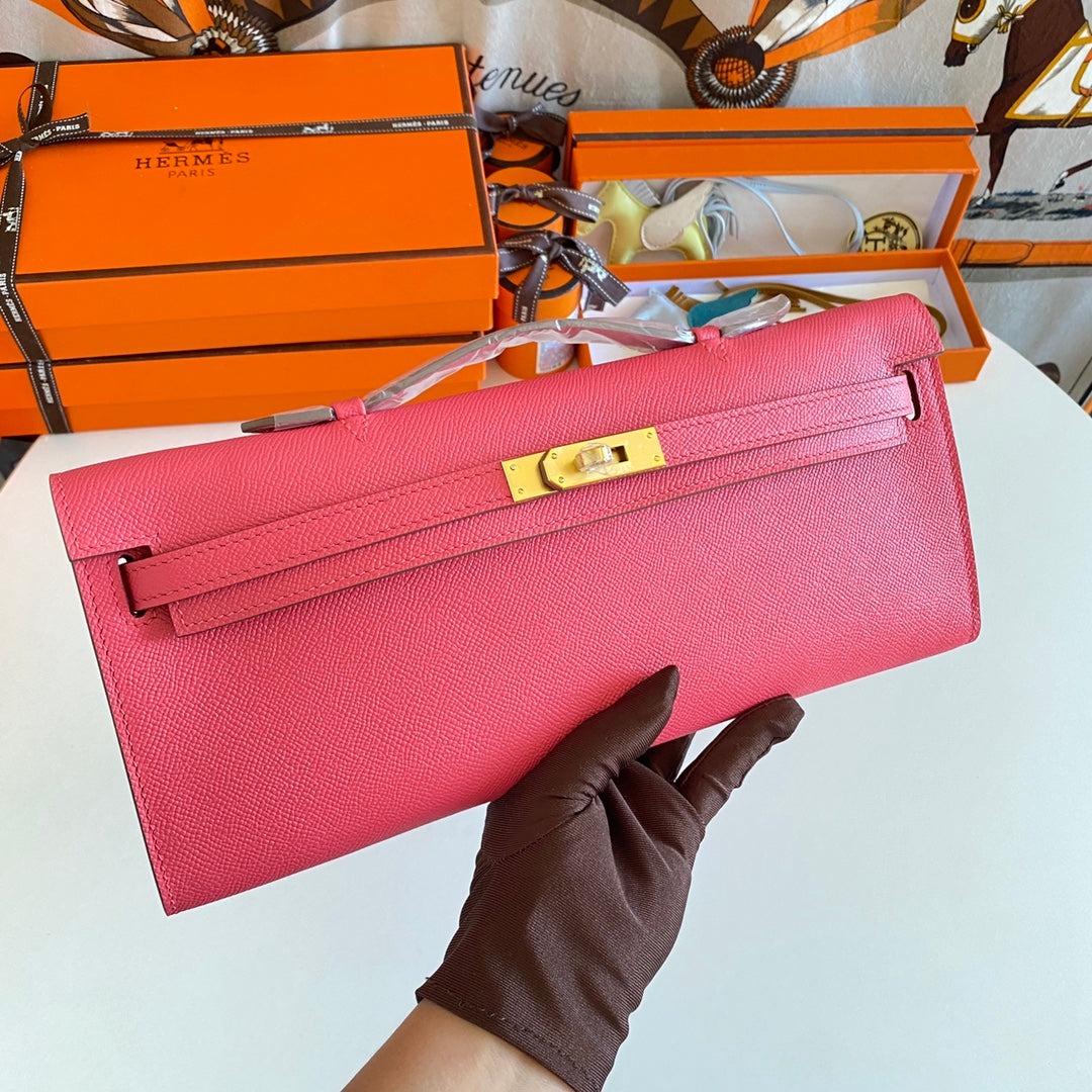 Hermes Kelly Cut 31 in Watermelon Pink Calfskin with Gold Hardware Bag