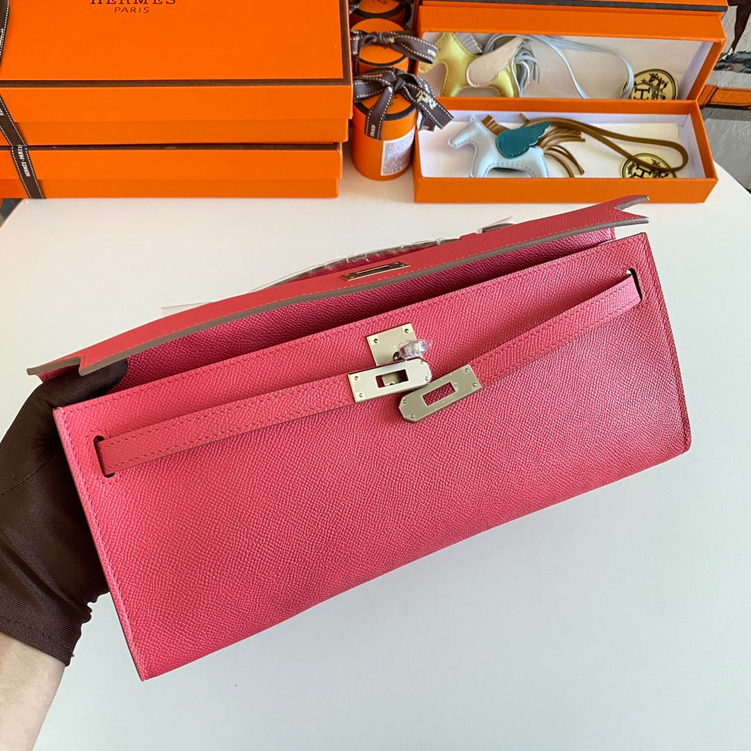Hermes Kelly Cut 31 in Watermelon Pink Calfskin with Silver Hardware Bag