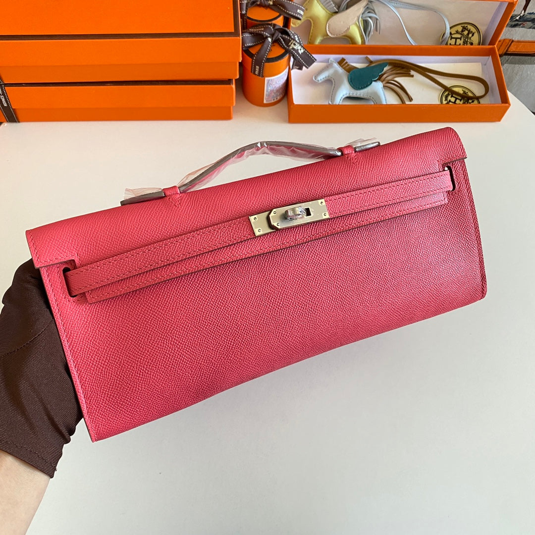 Hermes Kelly Cut 31 in Watermelon Pink Calfskin with Silver Hardware Bag