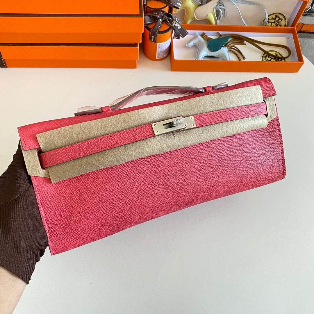 Hermes Kelly Cut 31 in Watermelon Pink Calfskin with Silver Hardware Bag