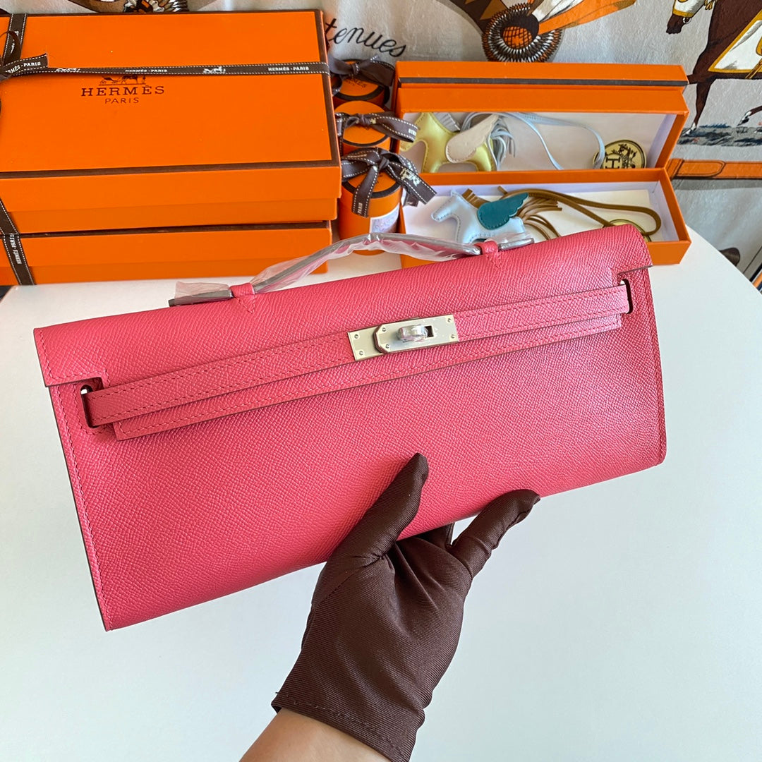 Hermes Kelly Cut 31 in Watermelon Pink Calfskin with Silver Hardware Bag