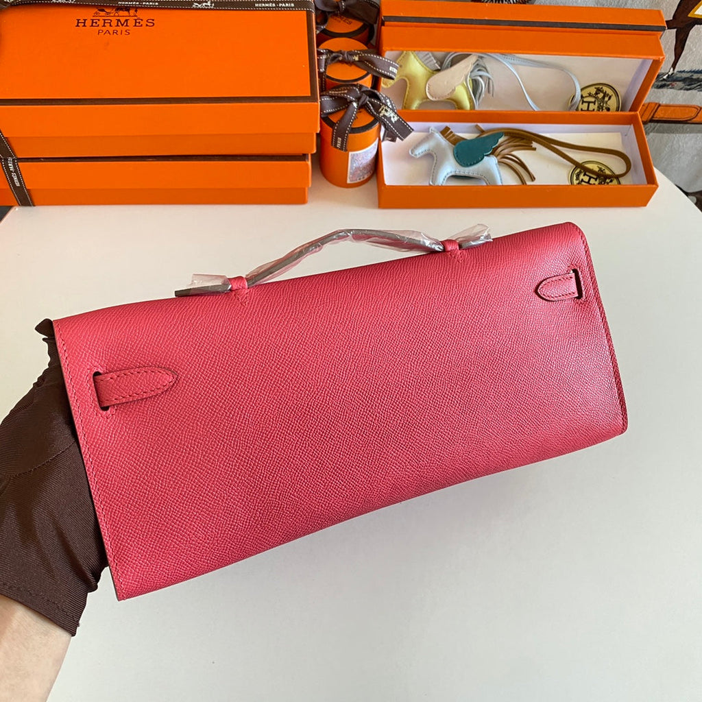 Hermes Kelly Cut 31 in Watermelon Pink Calfskin with Silver Hardware Bag