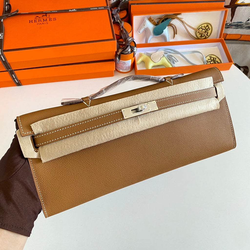 Hermes Kelly Cut 31 in Bronze Brown Calfskin with Silver Hardware Bag