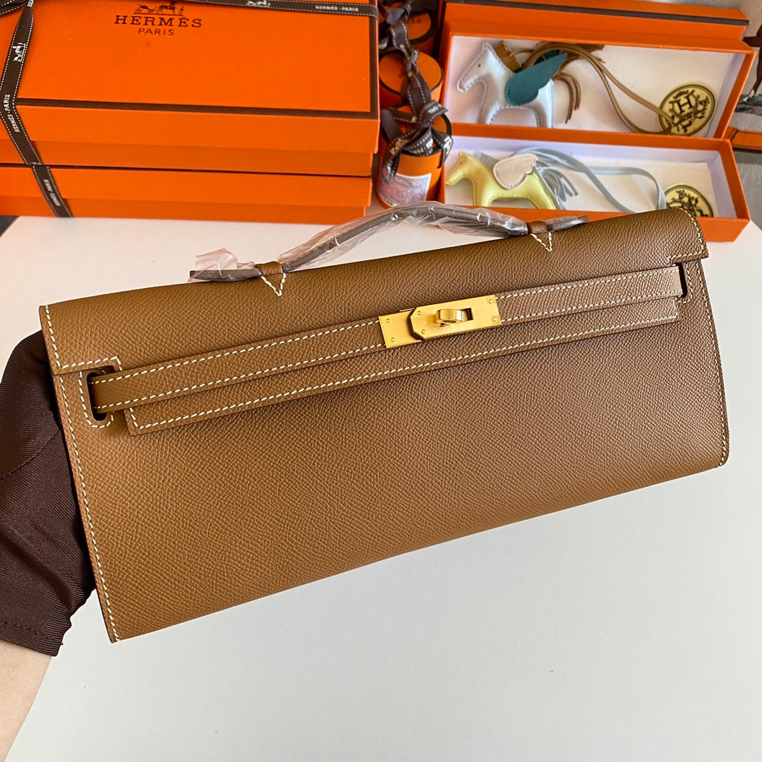 Hermes Kelly Cut 31 in Bronze Brown Calfskin with Gold Hardware Bag