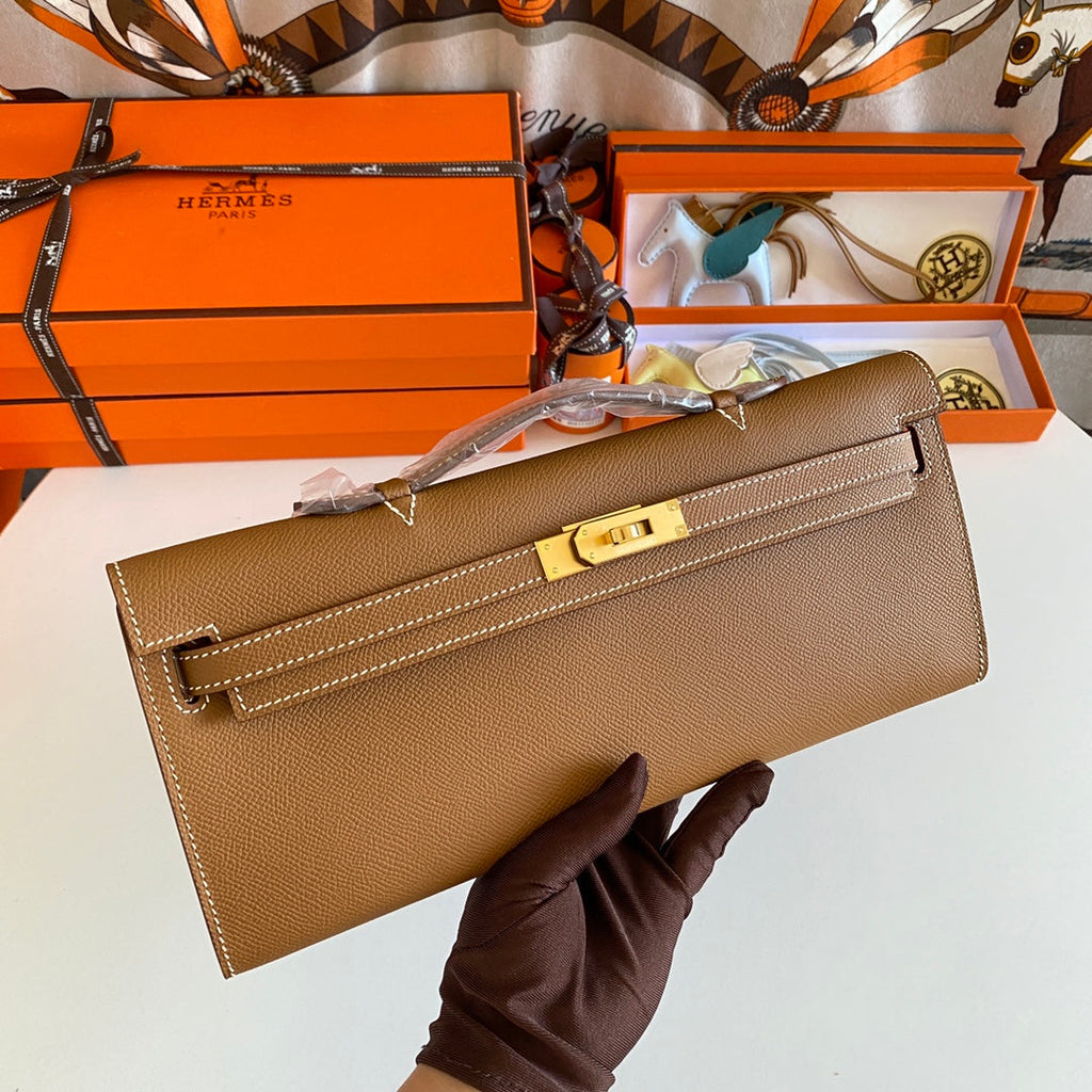 Hermes Kelly Cut 31 in Bronze Brown Calfskin with Gold Hardware Bag