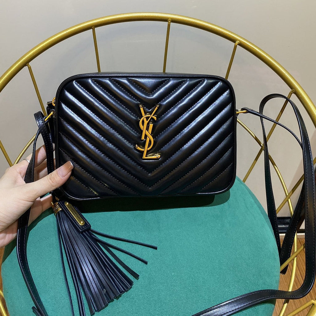 Saint Laurent Lou 23 Camera Bag in Black/ Gold Quilted Leather