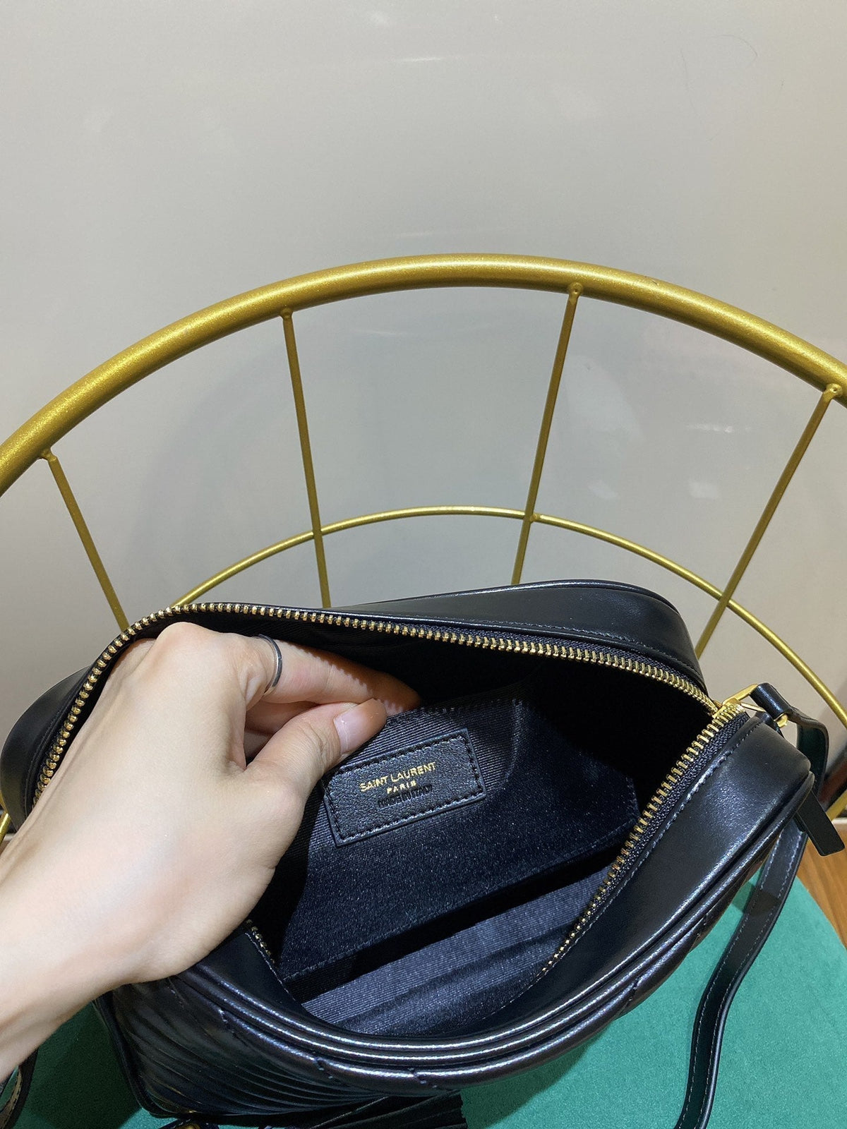 Saint Laurent Lou 23 Camera Bag in Black/ Gold Quilted Leather
