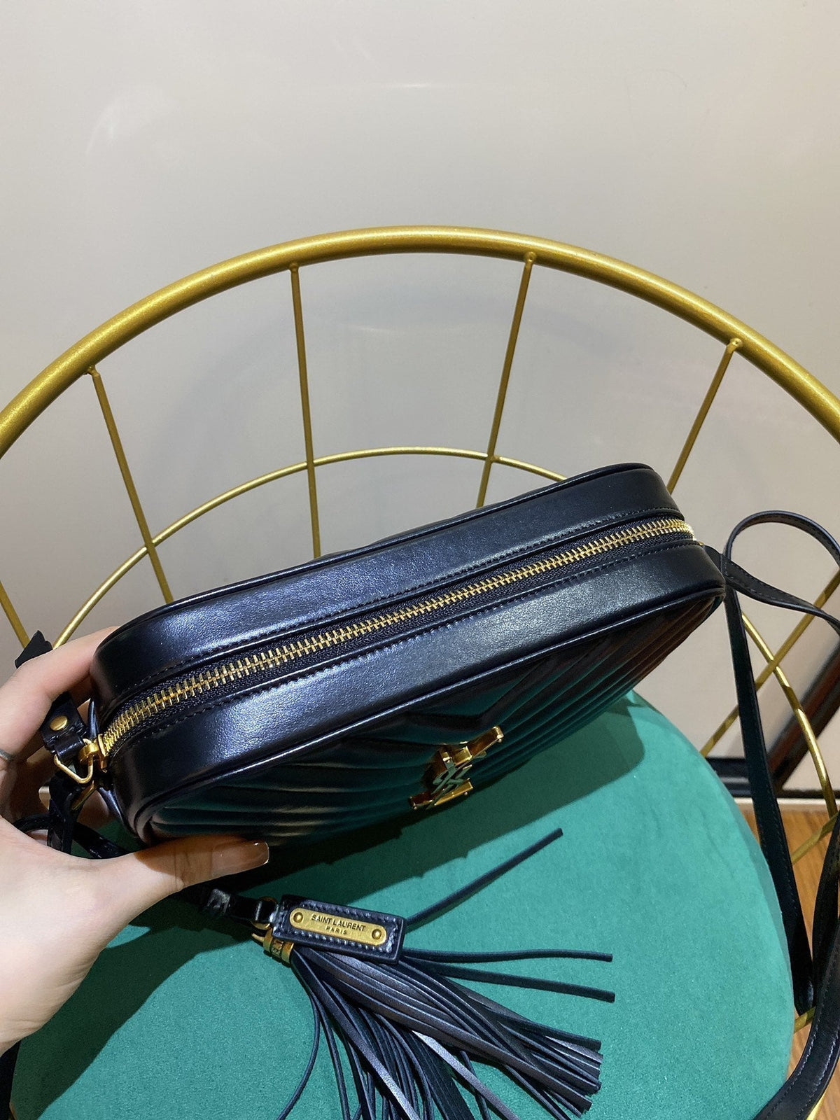 Saint Laurent Lou 23 Camera Bag in Black/ Gold Quilted Leather