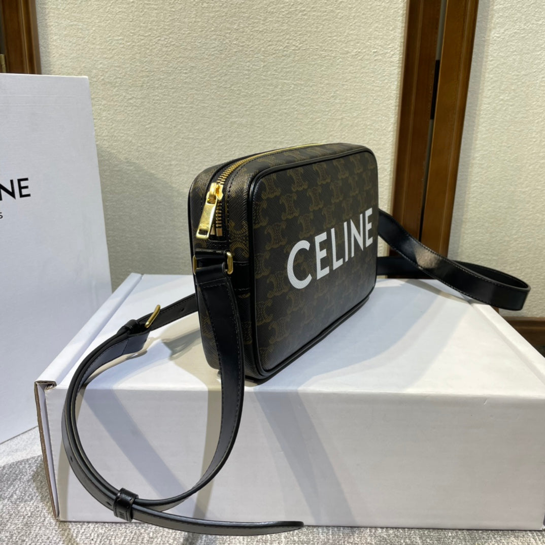 Celine Medium Messenger Bag 23 in Black Triomphe Canvas with Print