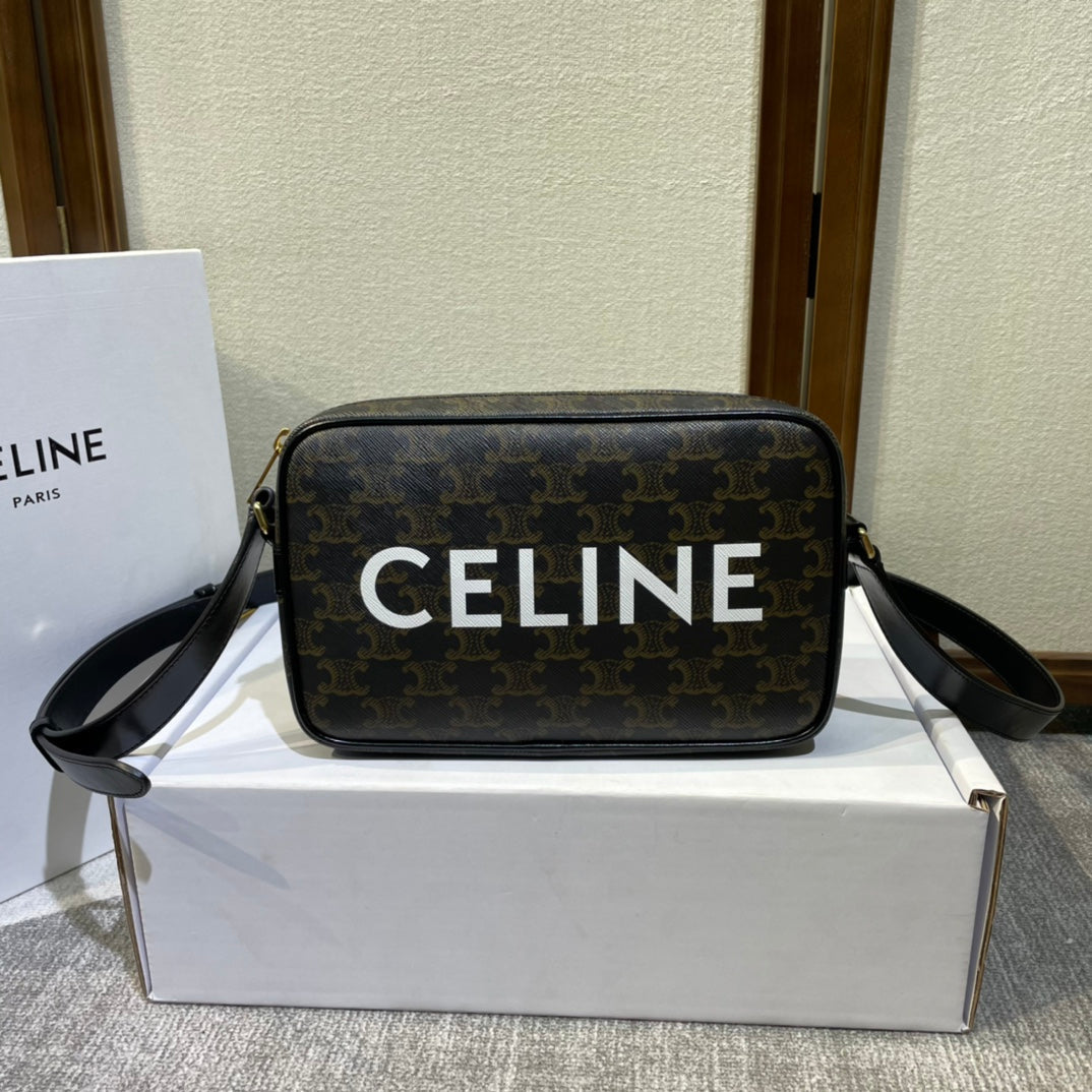 Celine Medium Messenger Bag 23 in Black Triomphe Canvas with Print