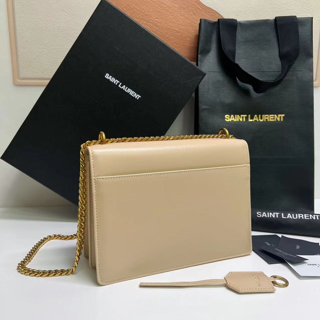 Saint Laurent Sunset Medium 22 in Beige Calfskin Gold Hardware Bag