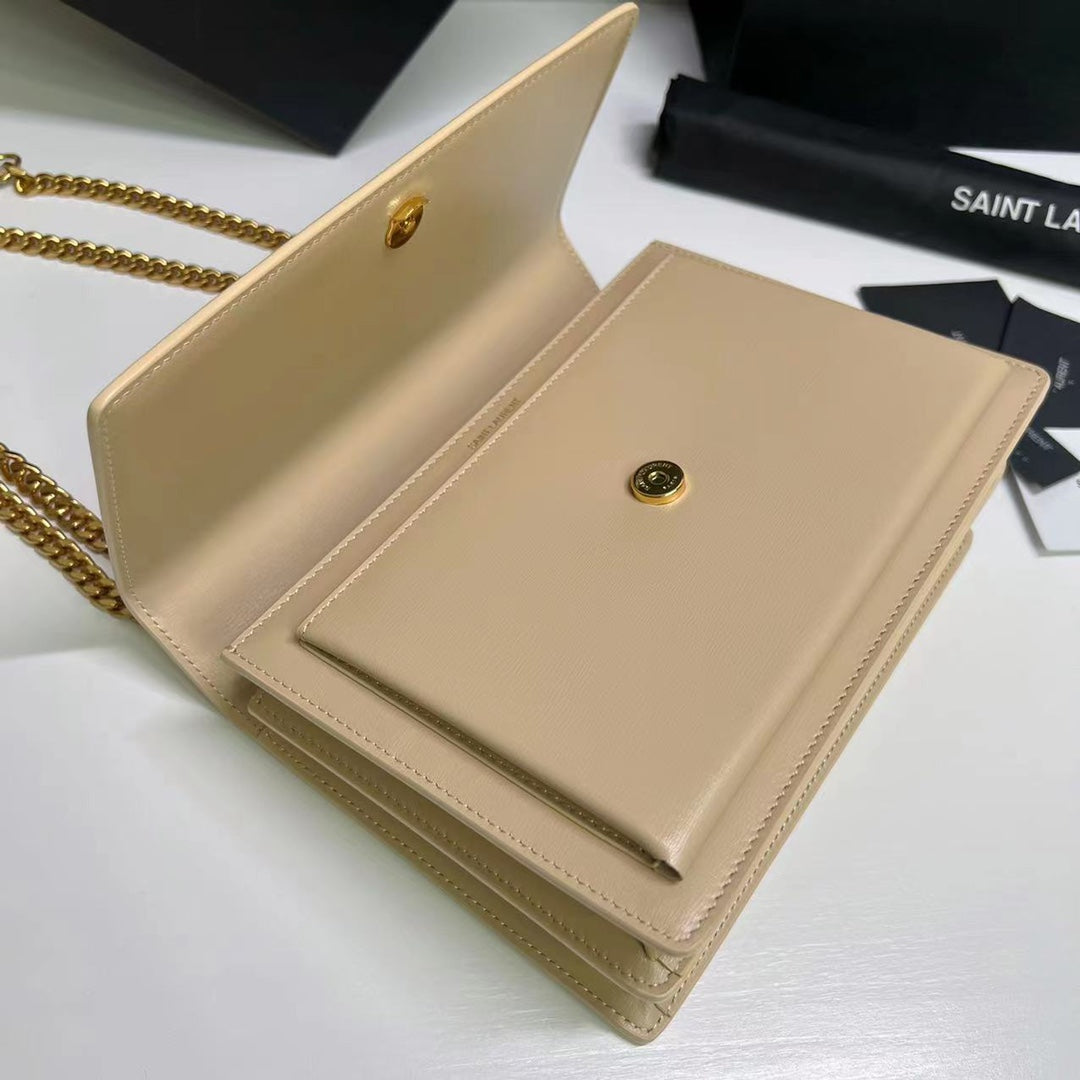 Saint Laurent Sunset Medium 22 in Beige Calfskin Gold Hardware Bag