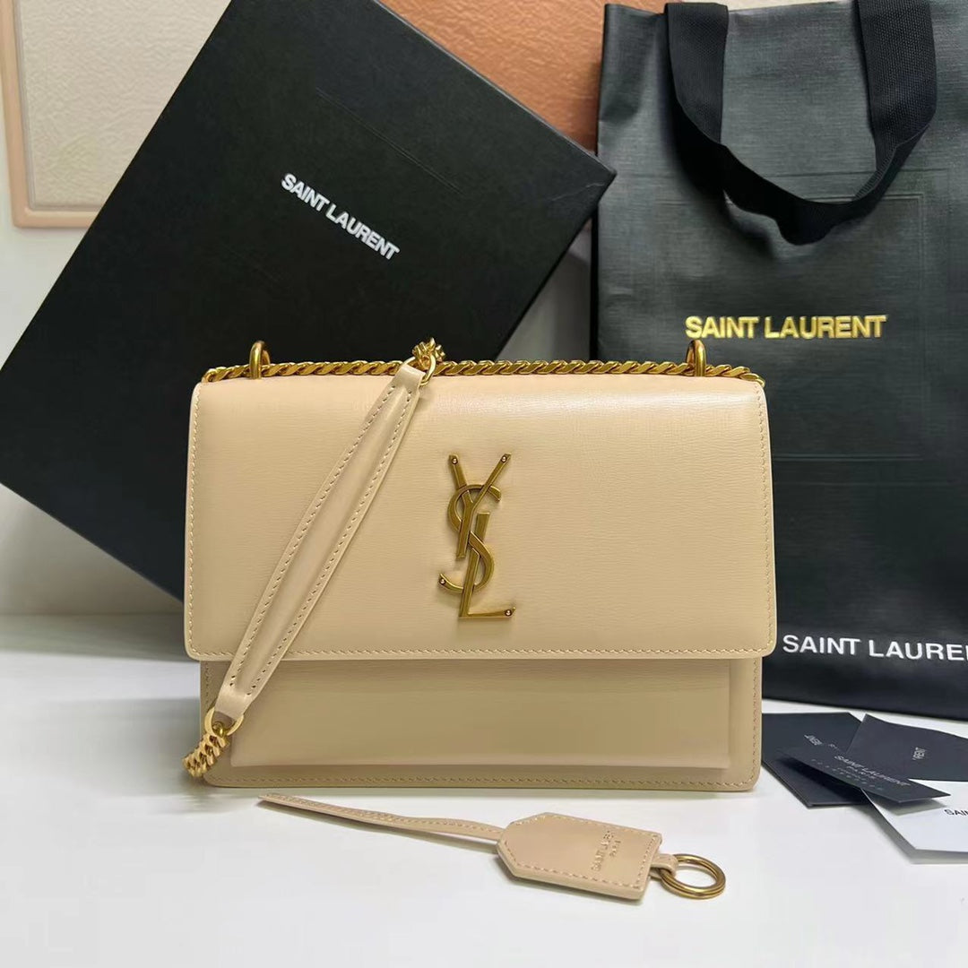Saint Laurent Sunset Medium 22 in Beige Calfskin Gold Hardware Bag