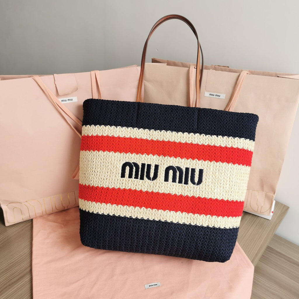 Tote Bag 40 in Striped Pattern of Black Red and Cream White Woven Raffia