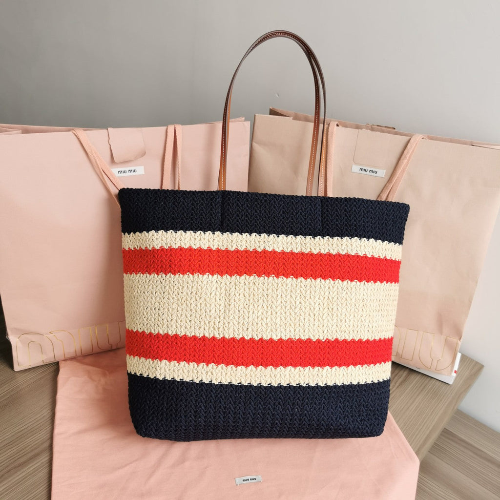 Tote Bag 40 in Striped Pattern of Black Red and Cream White Woven Raffia