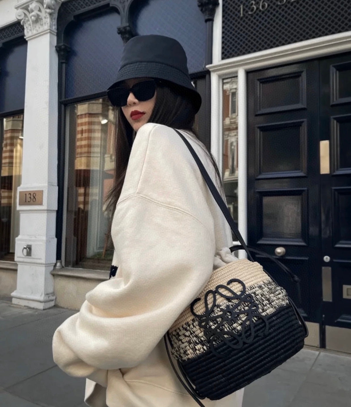 Loewe 18 Anagram Basket Bag in Black and Natural Raffia