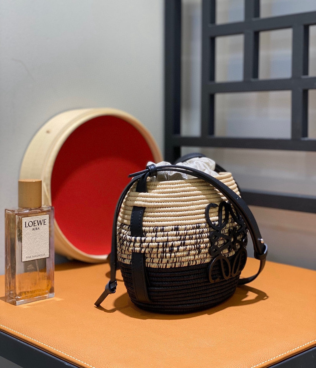 Loewe 18 Anagram Basket Bag in Black and Natural Raffia