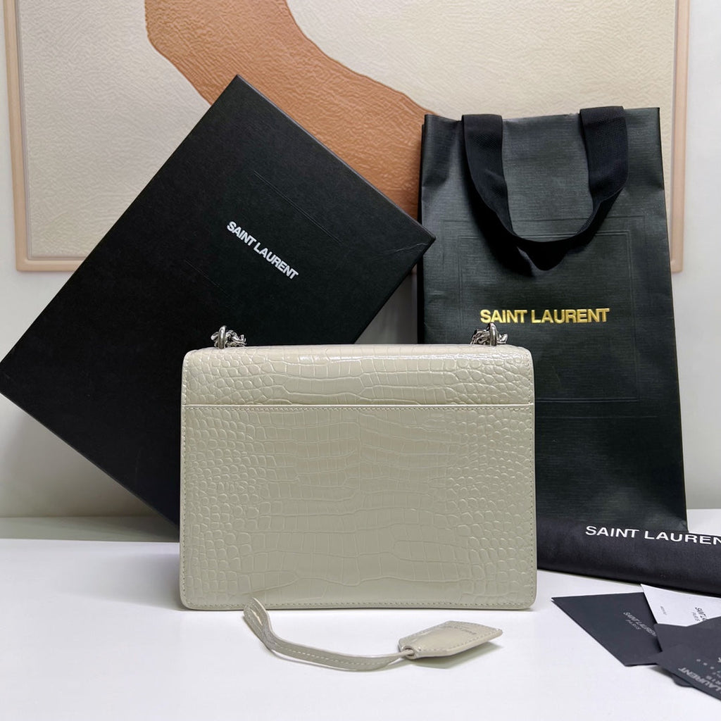 Saint Laurent Sunset Medium 22 in White Crocodile Pattern Calfskin Silver Hardware Bag