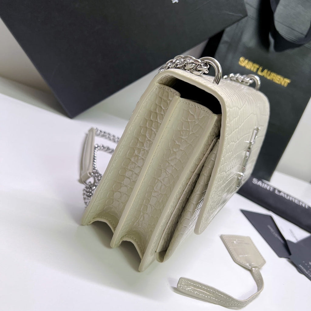 Saint Laurent Sunset Medium 22 in White Crocodile Pattern Calfskin Silver Hardware Bag