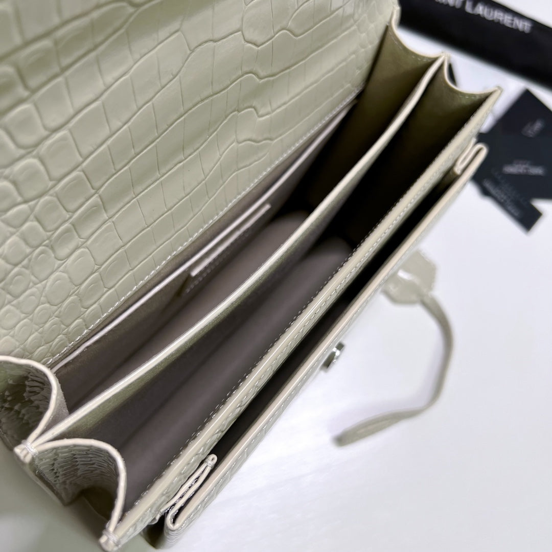 Saint Laurent Sunset Medium 22 in White Crocodile Pattern Calfskin Silver Hardware Bag
