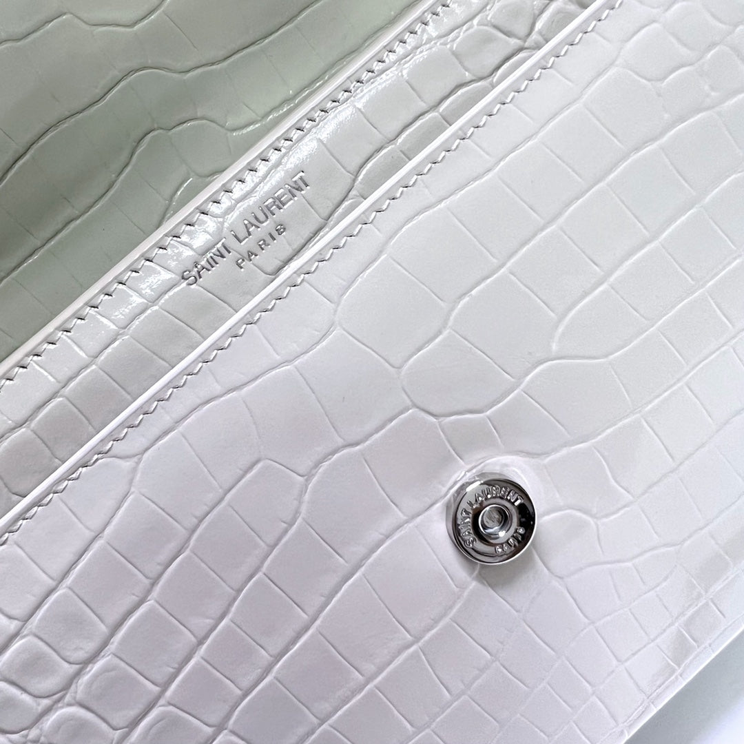 Saint Laurent Sunset Medium 22 in White Crocodile Pattern Calfskin Silver Hardware Bag