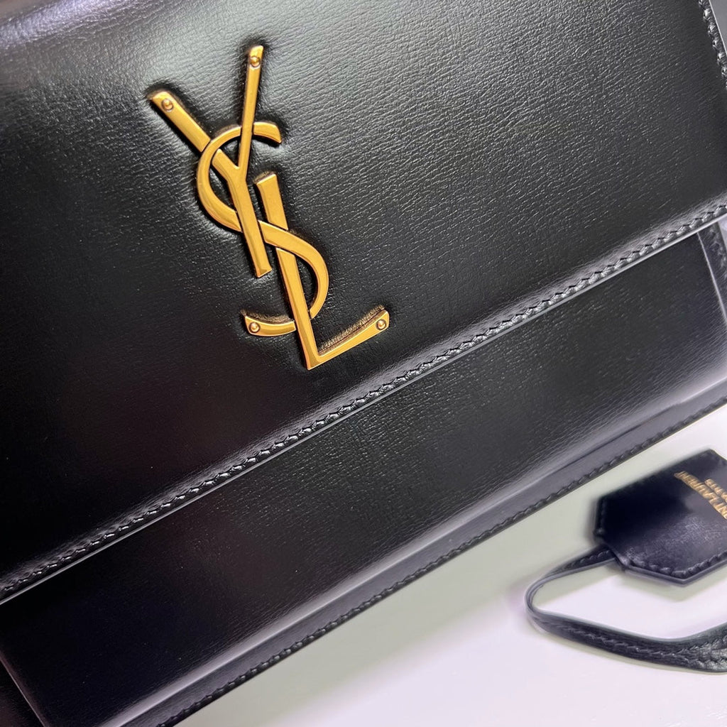 Saint Laurent Sunset Medium 22 in Black Calfskin Gold Hardware Bag