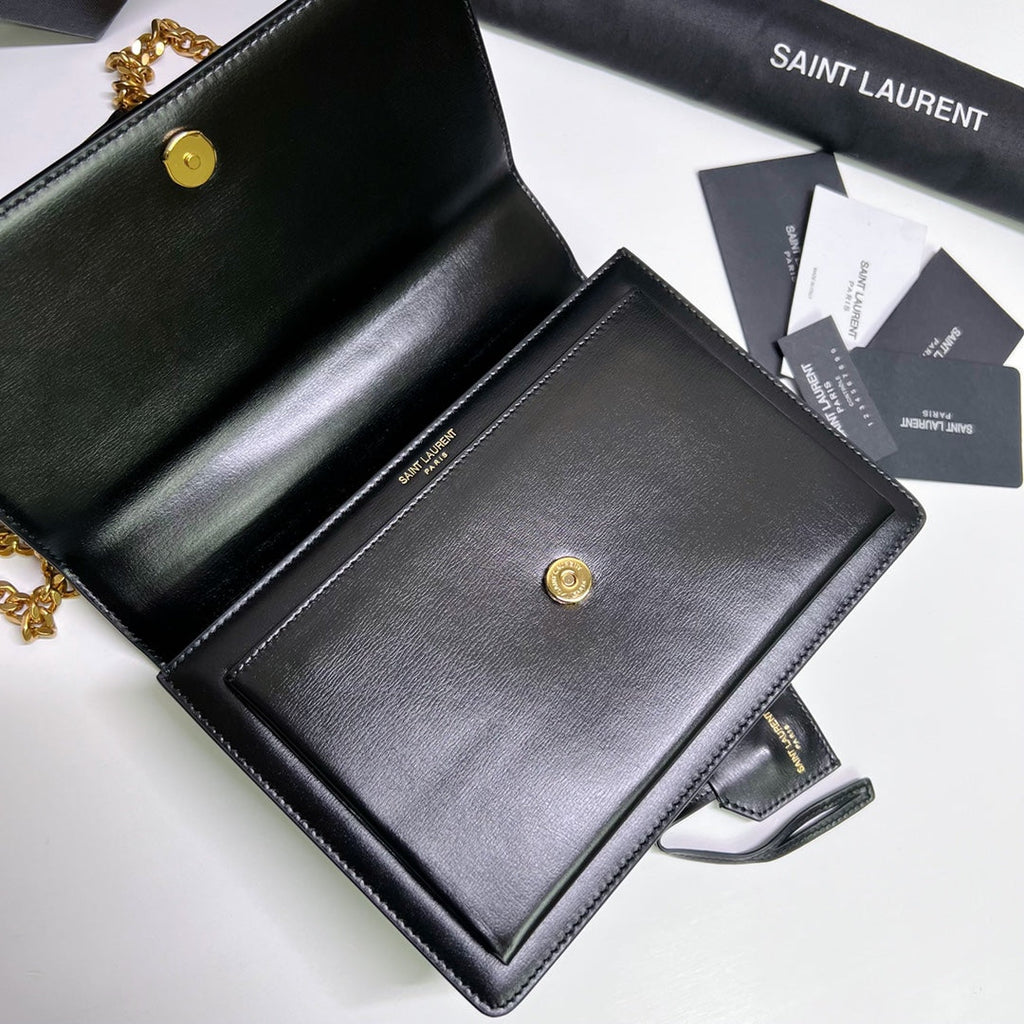 Saint Laurent Sunset Medium 22 in Black Calfskin Gold Hardware Bag