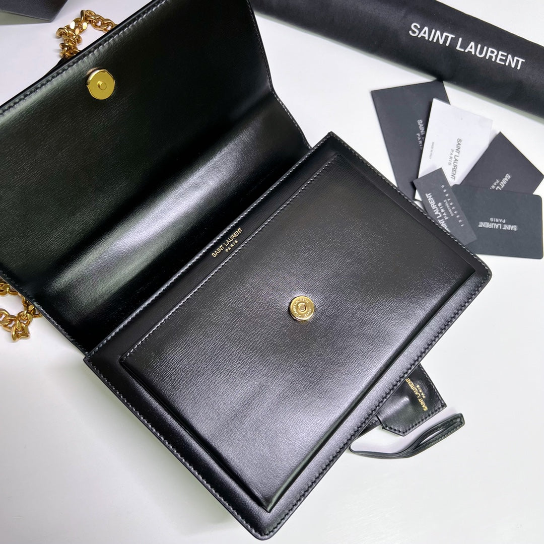 Saint Laurent Sunset Medium 22 in Black Calfskin Gold Hardware Bag