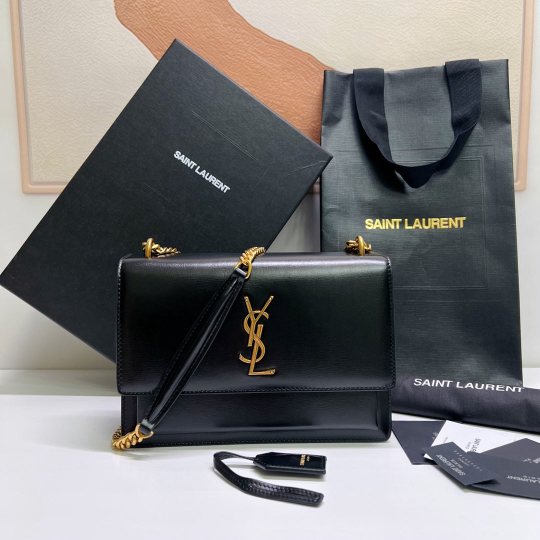 Saint Laurent Sunset Medium 22 in Black Calfskin Gold Hardware Bag