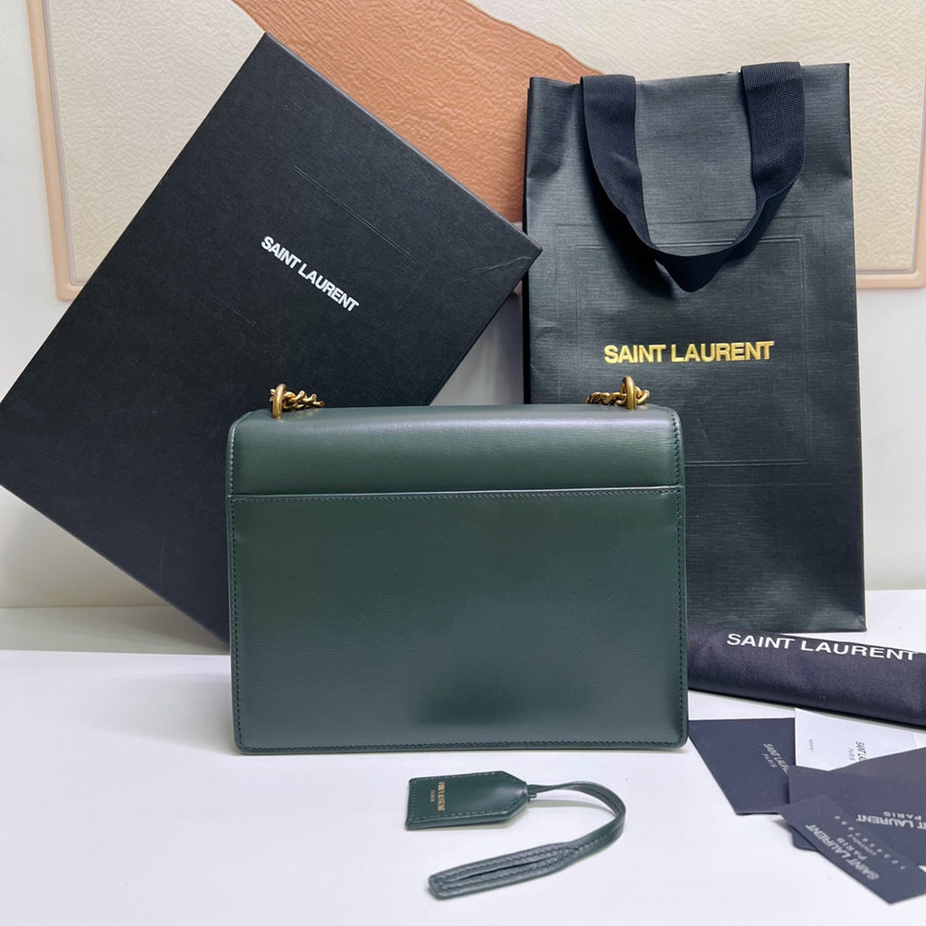 Saint Laurent Sunset Medium 22 in Dark Green Calfskin Gold Hardware Bag