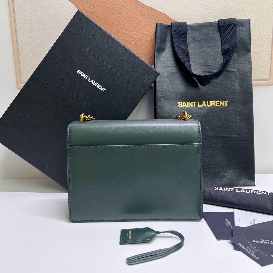 Saint Laurent Sunset Medium 22 in Dark Green Calfskin Gold Hardware Bag