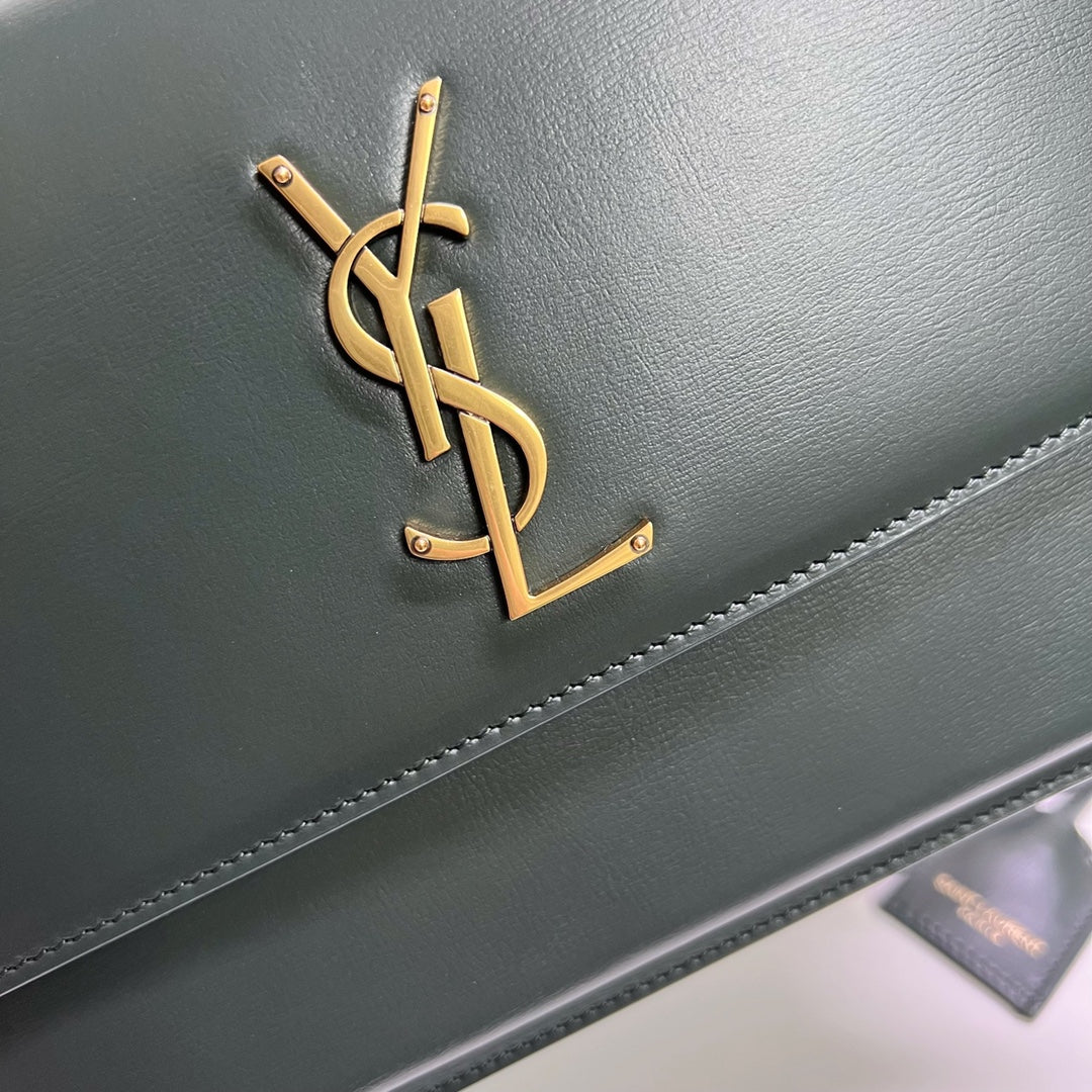 Saint Laurent Sunset Medium 22 in Dark Green Calfskin Gold Hardware Bag