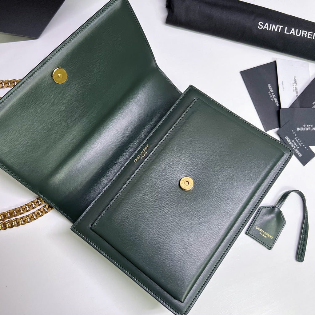 Saint Laurent Sunset Medium 22 in Dark Green Calfskin Gold Hardware Bag
