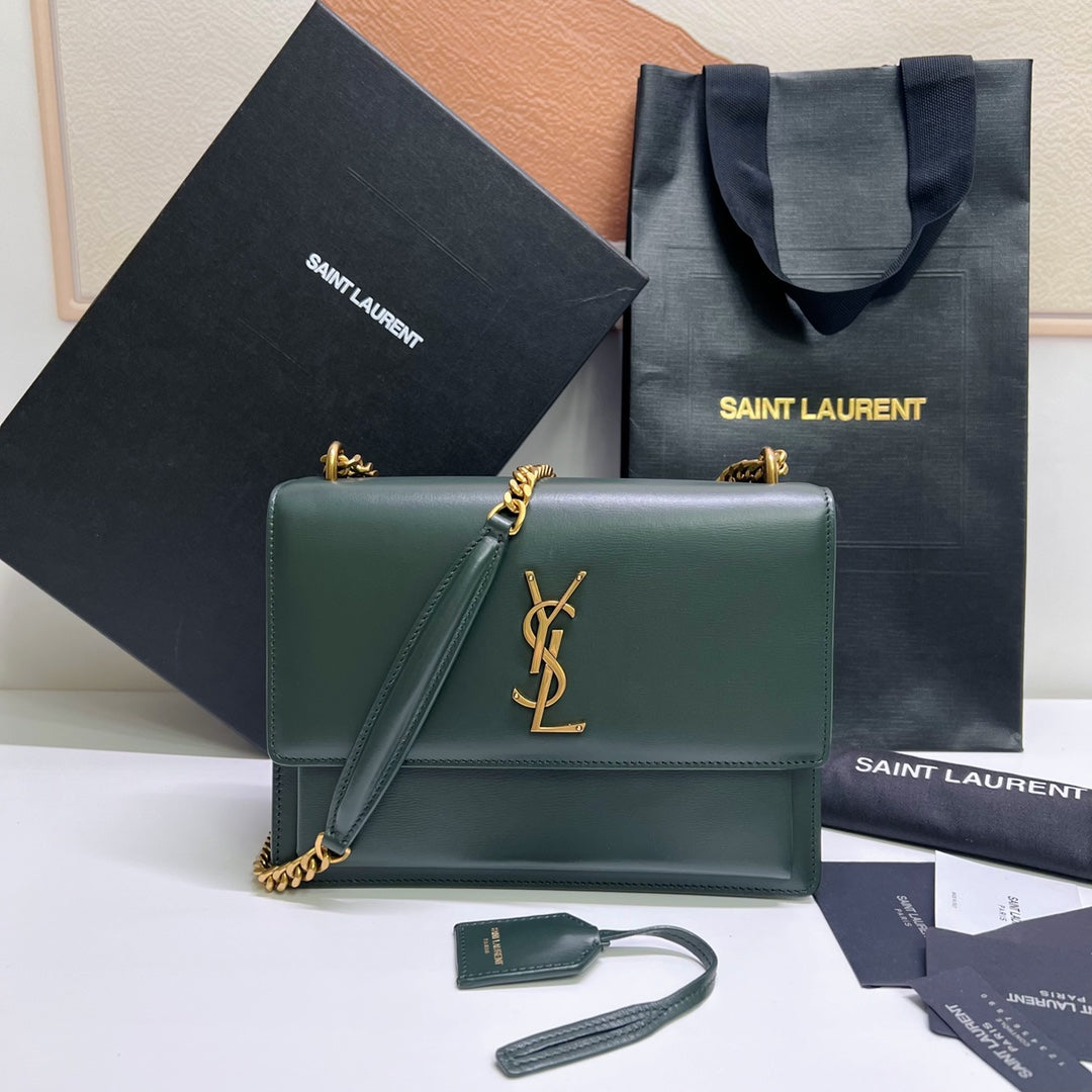 Saint Laurent Sunset Medium 22 in Dark Green Calfskin Gold Hardware Bag