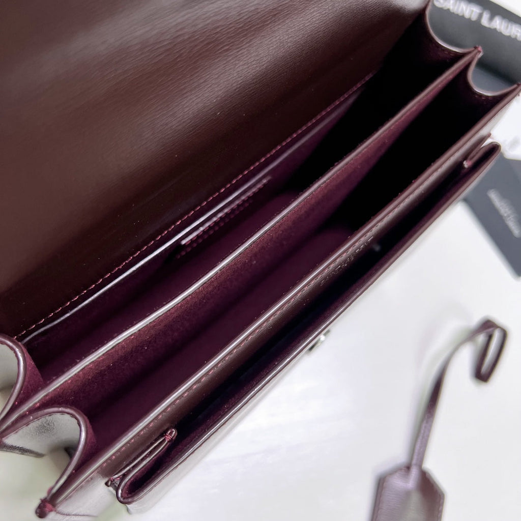 Saint Laurent Sunset Medium 22 in Maroon Calfskin Silver Hardware Bag