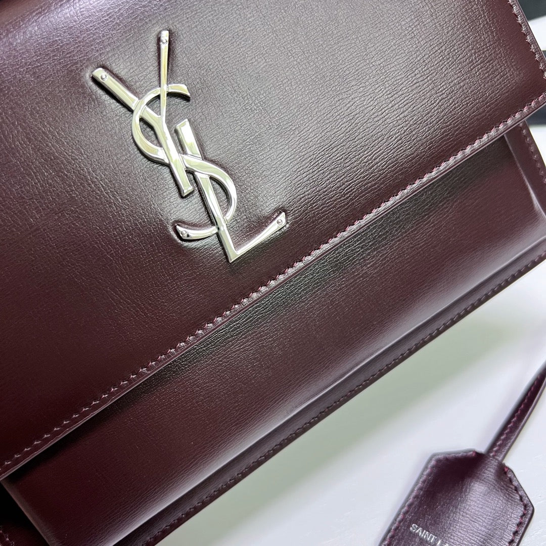 Saint Laurent Sunset Medium 22 in Maroon Calfskin Silver Hardware Bag