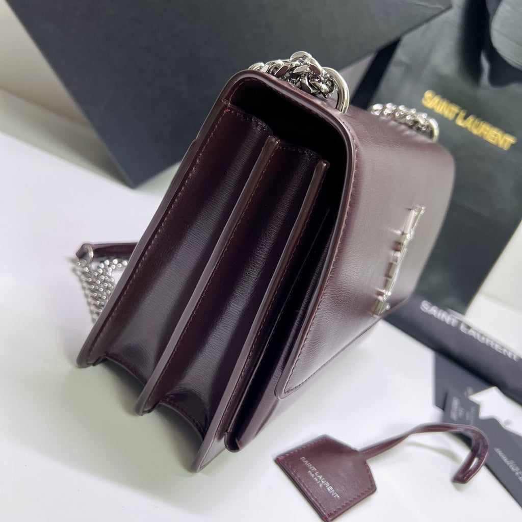Saint Laurent Sunset Medium 22 in Maroon Calfskin Silver Hardware Bag