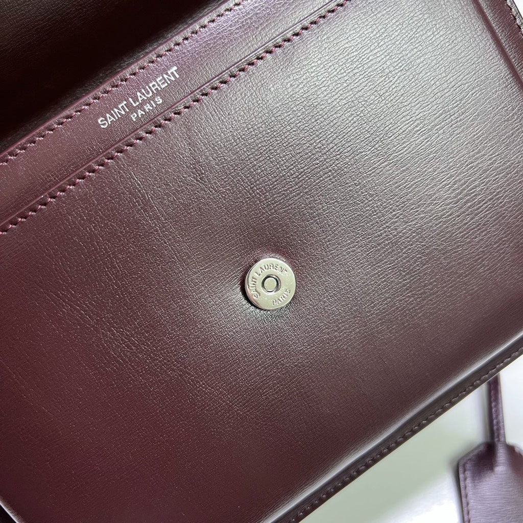Saint Laurent Sunset Medium 22 in Maroon Calfskin Silver Hardware Bag